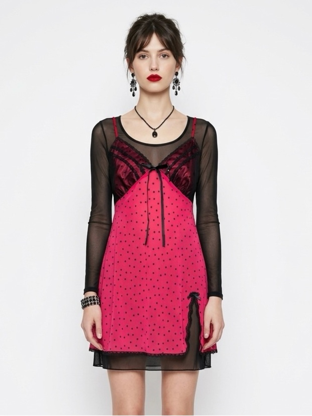Vintage California Dynasty Red Black Polka Dot Slip Dress Coquette S
